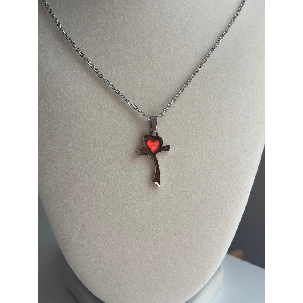 Cross Necklace Red Heart Pendant Silver Stainless Steel Minimal Jewelry - Picture 6 of 6